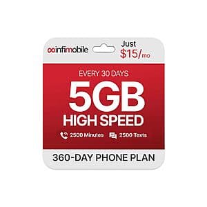 Prime Members: 5GB 12-Mo Infimobile T-Mobile Prepaid Plan (2500 Min + 2500 Text) $60 $60 & More + Free Shipping