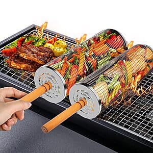 Two stainless steel rolling grill baskets with removable wooden handles, nesting design for compact storage.