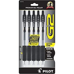 PILOT G2 Premium Gel Pens 5-pack with black extra fine point 0.5mm pens in packaging.