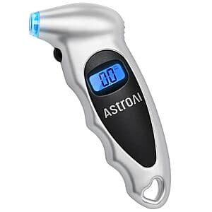 Silver AstroAI 150PSI digital tire pressure gauge with digital display screen and black accents.