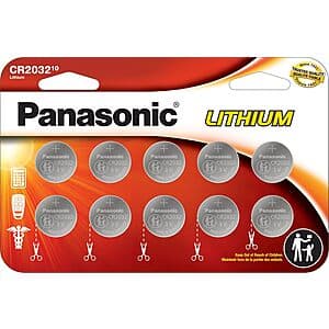 10-Pk Panasonic CR2032 3V Lithium Coin Cell Batteries $7