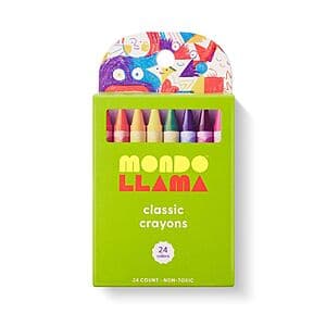 Mondo Llama 24-count pack of pre-sharpened crayons in bright, vibrant colors.