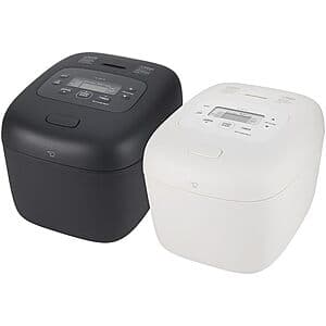 Black Zojirushi NL-EAC18BA Micom rice cooker with 10-cup capacity, stainless steel body, and control panel on front.