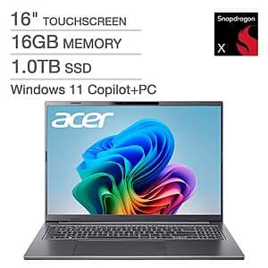 Acer Aspire 16 AI Laptop: Snapdragon X, 16" 1200p 120Hz Touch, 16GB RAM, 1TB SSD $415
