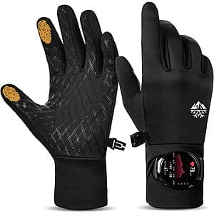 Black lightweight running gloves with touchscreen-compatible fingertips and a watch window panel, displayed in XS-XL sizes.