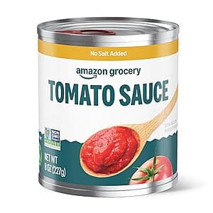 8-oz can of Amazon Fresh No Salt Added Tomato Sauce with white and red label design.