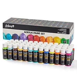 Artkey Basic Acrylic Paint Set with 52 individual 2-oz bottles of vibrant acrylic paint in assorted colors.