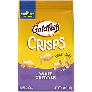 Three 4.8 oz bags of Goldfish Crisps Baked Chip Crackers in various flavors.