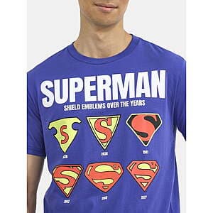 Royal blue men's graphic t-shirt featuring Superman's Super Shield emblem and logos.