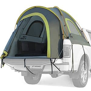 Green JOYTUTUS pickup truck bed tent with rainfly and aluminum poles displayed in compact form, designed to fit 5-foot truck beds.