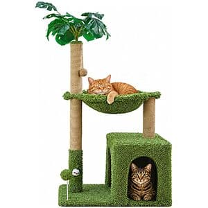 Green 48-inch Woochpet cat tree tower with integrated hammock, condo compartment, and multiple scratching posts.