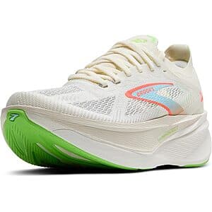 Brooks Hyperion Max 3 neutral running shoes in Coconut, Green Gecko, and Pink Clay colourway.