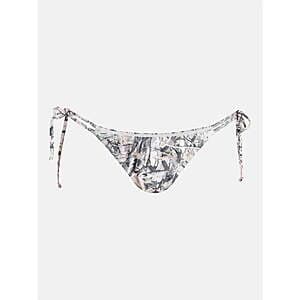 No Boundaries camo low rise string swim bottoms in camouflage pattern for women, displayed flat or on model.