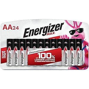 24-pack of Energizer Max AA alkaline batteries in red and silver packaging.