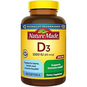 300-count bottle of Nature Made Vitamin D3 1000 IU softgels in orange gel capsule form.
