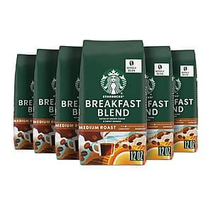 6-Pack 12-Oz Starbucks Whole Bean Medium Roast Coffee (Breakfast Blend) $34.05 + Free Shipping