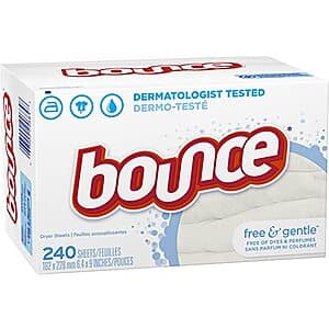 240-Count Bounce Fabric Softener Sheets (Free & Gentle) 2 for $9 + Free Shipping w/ Prime
