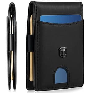 Black slim bifold wallet with RFID protection, featuring 7 card slots, ID window, and money clip design.
