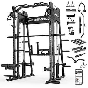 Mikolo M11 Smith Machine Home Gym with black or red finish, featuring integrated cable crossover, functional trainer stations, and plate storage rack.