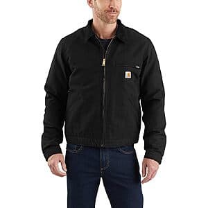 Black Carhartt Men's Iconic J01 Duck Detroit Jacket with durable duck canvas construction and classic work style.
