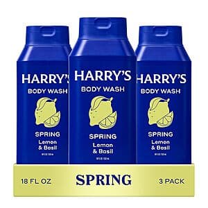 Three 18 oz bottles of Harry's body wash in Spring (Lemon & Basil) or Wildlands (Sandalwood & Cypress) scents.