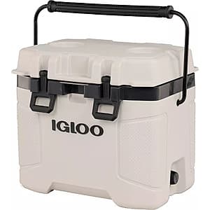 Igloo heavy-duty cooler with thick foam-insulated walls, wide side handles with diamond-textured grip, and Sure-Lock latches, available in 2 color options.