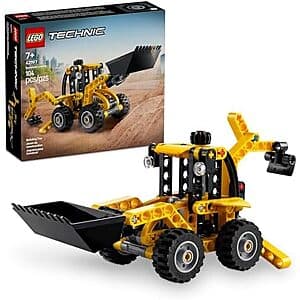 LEGO Technic Backhoe Loader set with yellow and black construction vehicle and 104 building pieces.