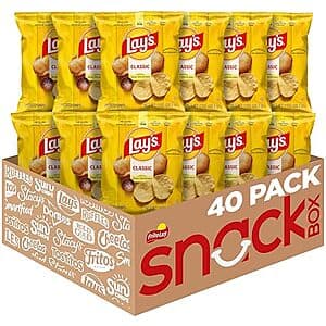 40-pack of individual 1-oz bags of Lay's Classic Potato Chips with yellow and red packaging.