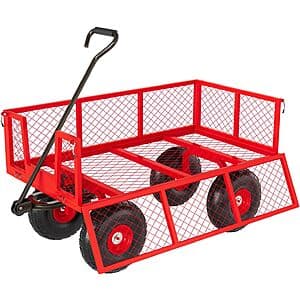 Heavy-duty steel garden wagon cart with removable sides and flex handle, grey frame with black tire wheels.