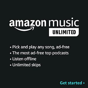 Amazon Music Unlimited logo and interface showing music streaming service with ad-free access to millions of songs and podcasts.