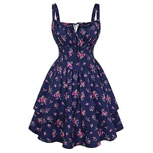 Scarlet Darkness floral print mini corset dress with fitted bodice and pockets in a charming botanical pattern.