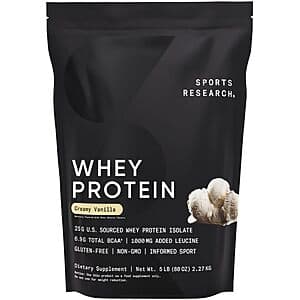 Container of whey isolate protein powder with stevia as the natural sweetener, packaged in typical supplement container.