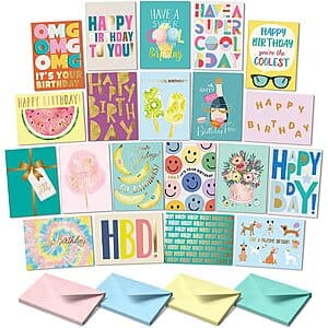 20-pack of Sweetzer & Orange Happy Birthday Cards with 2 design varieties and white matching envelopes.