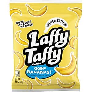 3.5 oz package of yellow and blue Laffy Taffy Banana Mini Bars candy.