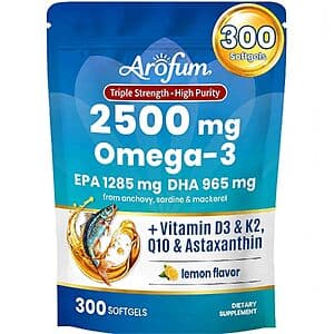 300-count bottle of Arofum Omega-3 Fish Oil softgels in lemon flavour with Vitamin D3, K2, CoQ10 and Astaxanthin.