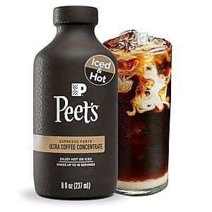 8-ounce bottle of Peet's Coffee Ultra Coffee Concentrate in Espresso Forte variant with dark label and packaging.