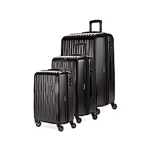 Three black hardside SwissGear Energie suitcases with spinner wheels in 19-inch, 24-inch, and 27-inch sizes.