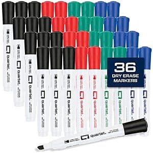 36-pack of Quartet chisel tip dry erase markers in assorted colors: black, red, blue, and green.
