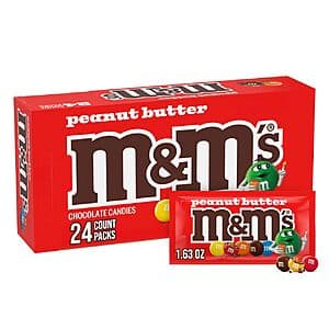 24-count box of M&M's Peanut Butter Chocolate Candy with individual 1.63-oz packets.