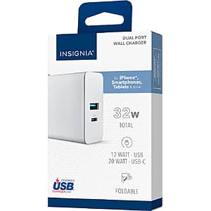 White Insignia 32W dual-port USB wall charger with two charging ports for phones and tablets.