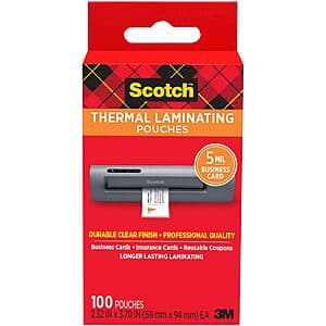 100-pack box of Scotch business card thermal laminating pouches, 2.3" x 3.7" size.
