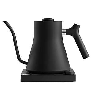 Fellow Stagg EKG electric kettle with sleek gooseneck spout, digital temperature display on the base, and ergonomic handle.