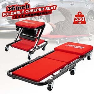 Red 2-in-1 foldable creeper seat with six casters and a 330-pound weight capacity.