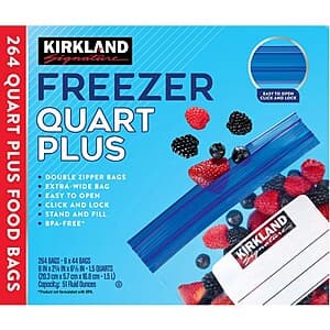 Pack of Kirkland Signature Freezer Bags in clear packaging showing the product inside.
