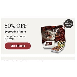 Walgreens Photo service showcasing photo prints, canvas prints, and personalized photo gifts available for 50% off with promotional code.
