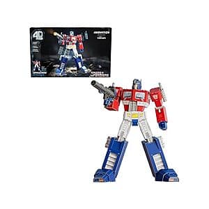 321-piece 4D Build Transformers Optimus Prime 3D model kit with LED lighting in red and blue packaging against a neutral background.