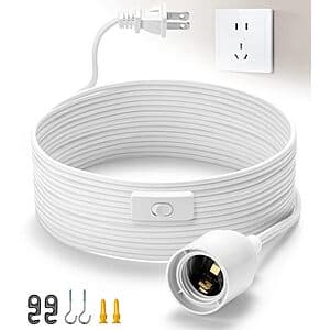 White 15-foot pendant light cord with E26 socket and integrated on/off switch.