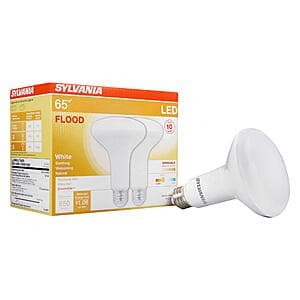 2-Pk Sylvania 9W LED BR30 65W Equiv. Dimmable Flood Light Bulb (3000K, Warm White) $3.30