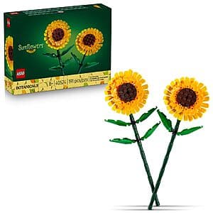 Two colorful LEGO sunflowers with adjustable green stems and leaves, part of a 191-piece building set designed for home décor display.