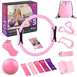 13-piece Vanlgs pilates workout kit with black 13-inch pilates ring, purple 10-inch exercise ball, and assorted resistance bands.